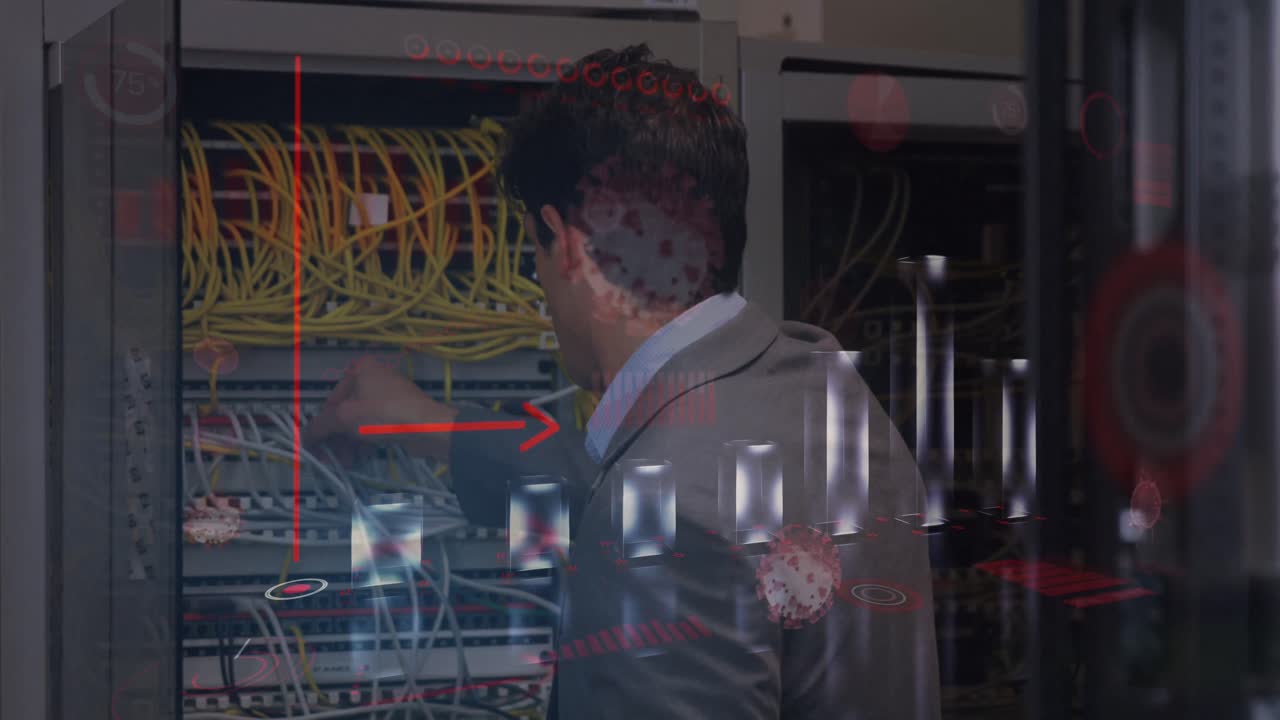 Animation of financial graphs over caucasian man checking server wires