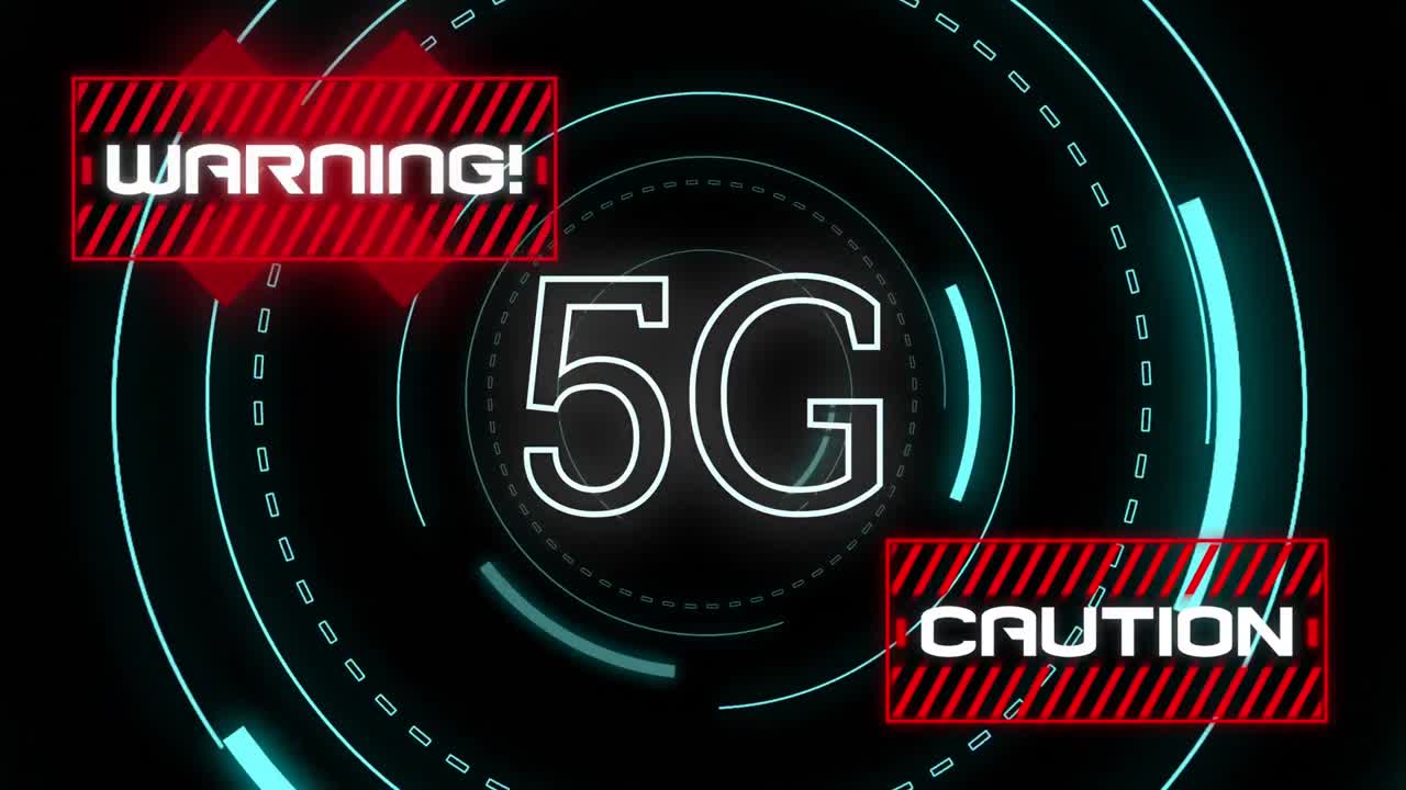 palabras de advertencia y precaución y 5g escrito sobre visores de exploración en fondo negro.