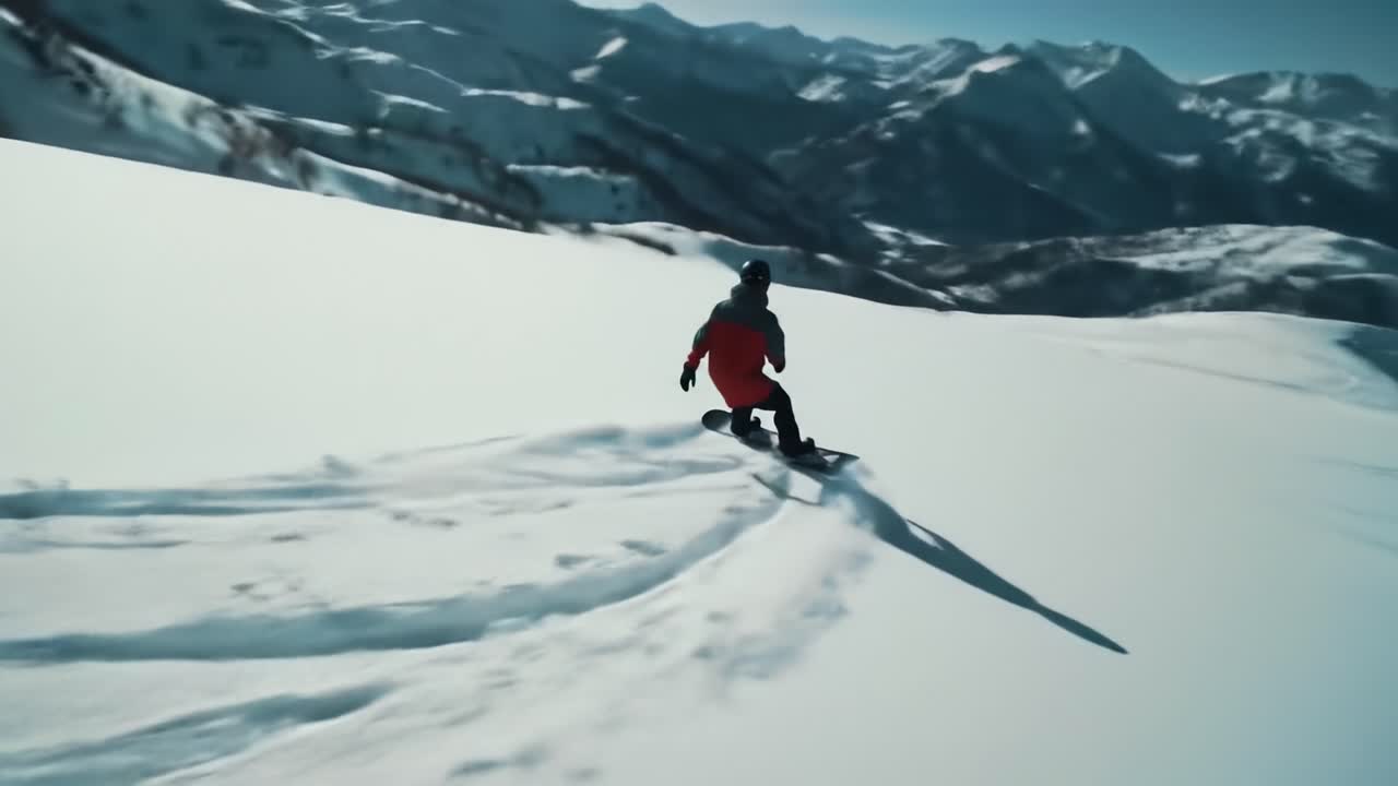 An Adventurous Snowboarder Glides Effortlessly Down a Scenic Snow-Covered Mountain, Surrounded by Majestic Peaks and Breathtaking Winter Landscapes