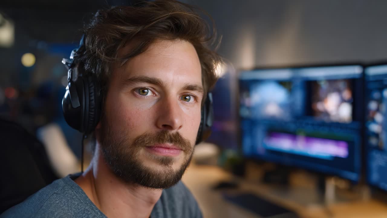 Editor de vídeo concentrado, usando fones de ouvido e contemplando seu trabalho em uma estação de trabalho moderna, demonstrando criatividade e dedicação ao trabalhar em projetos cinematográficos.