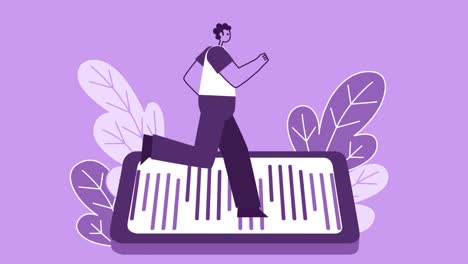 personaje plano de estilo púrpura que se ejecuta en el teléfono inteligente. animación de bucle aislado con canal alfa