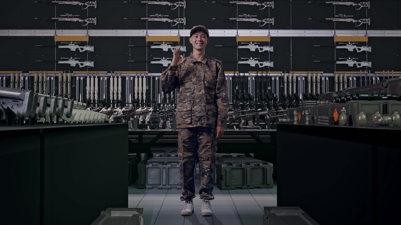 uomo asiatico soldato a figura intera che sorride e mostra il gesto dell'ok alla telecamera nell'armeria militare