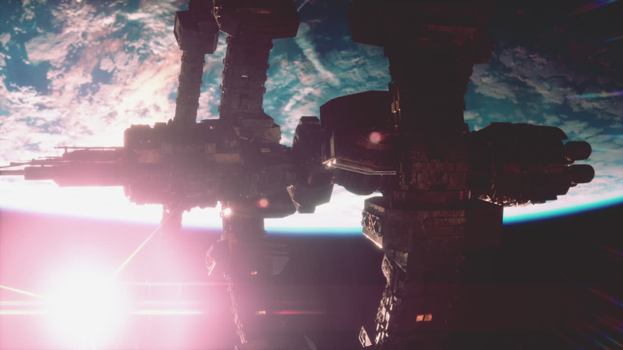 Un'enorme nave spaziale molto dettagliata che si avvicina alla Terra.