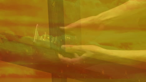 animación de una mujer caucásica leyendo la biblia sobre la cruz y las nubes