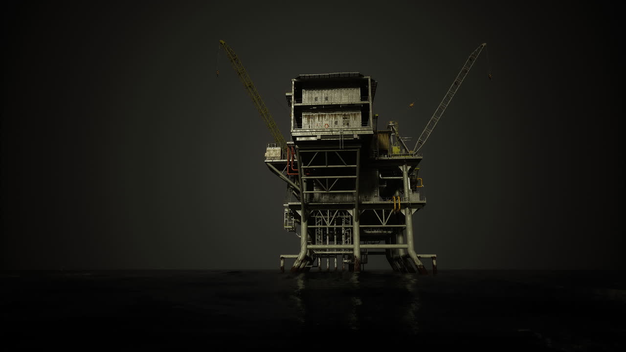 Offshore drilling rig illuminated by night against dark ocean backdrop
