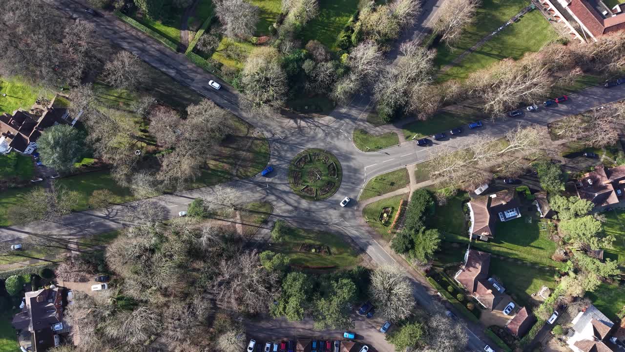 Aerial view looking down over Sollershott circus roundabout in idyllic countryside village in the UK