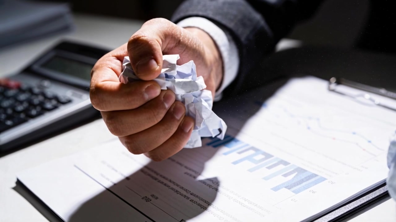 Mettendo la mano sul polsino della giacca, gira carta stropicciata dopo aver controllato un grafico a barre blu alla scrivania con una calcolatrice.