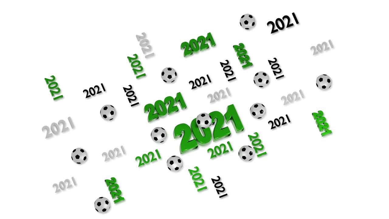 Molti design di calcio 2021 con riflessi in movimento in loop su sfondo bianco.