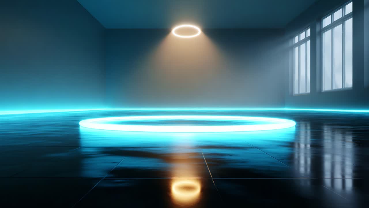 A Breathtaking Visual Display of a Futuristic Room Illuminated by Ethereal Lights: The Center of the Room Features a Glowing Circular Platform That Radiates Vibrant Neon Tones in an Enigmatic Setting