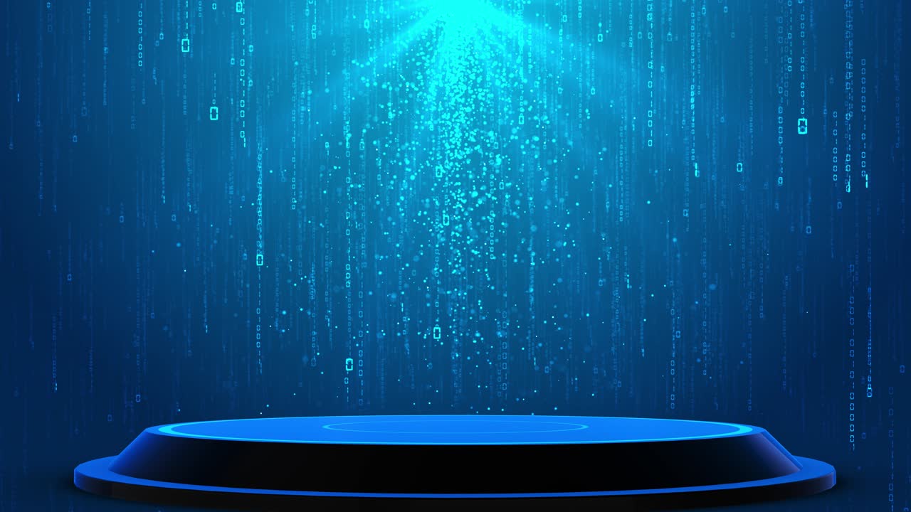 Video footage shows binary falling light flares under spotlight glowing above futuristic stage