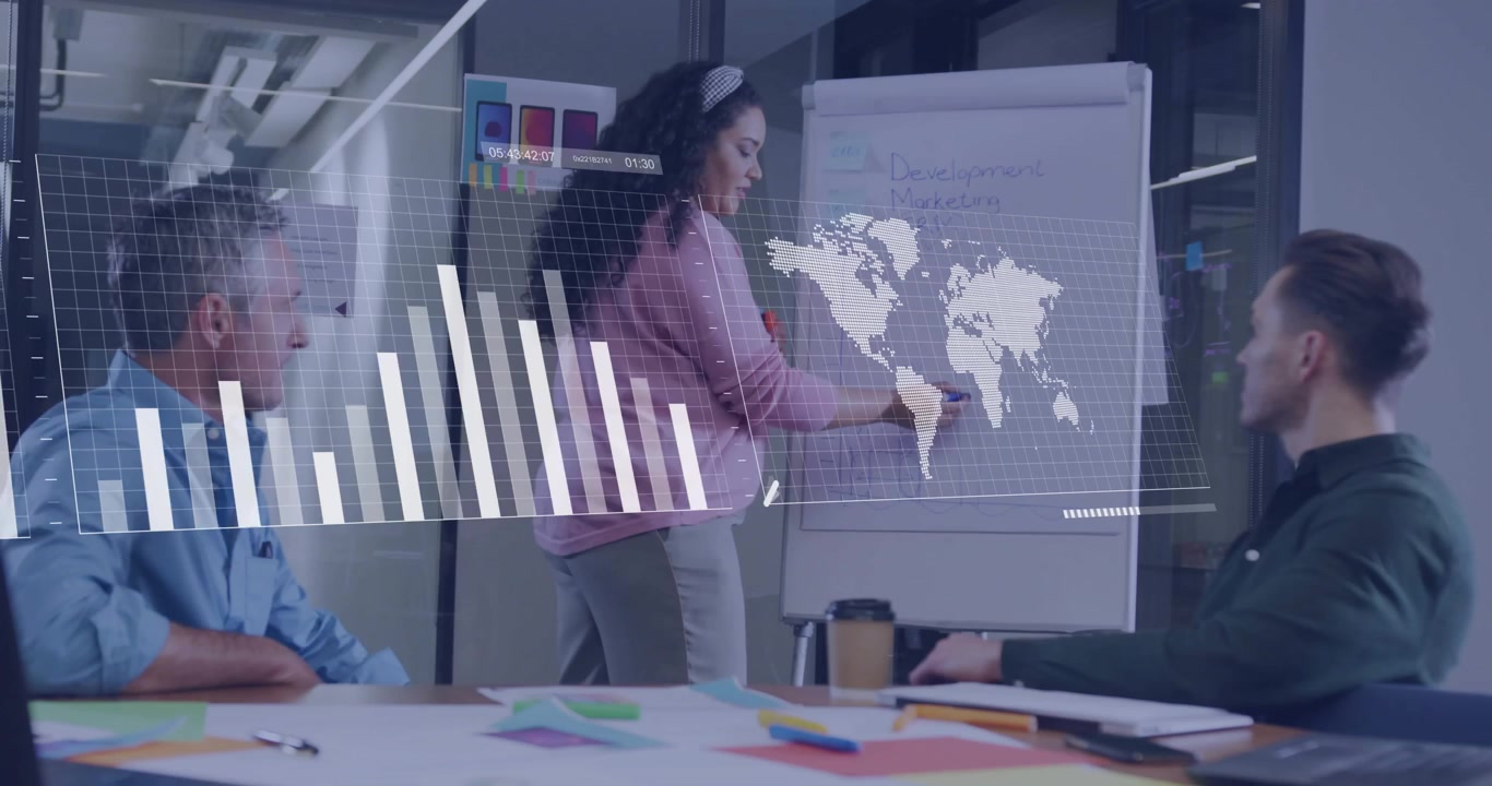 Businesswoman presenting marketing strategy over bar and line graphs in office meeting