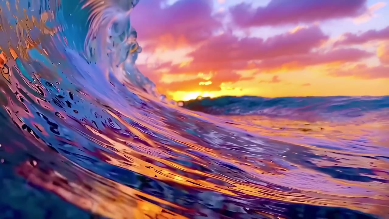 Vista subacquea di un'onda oceanica colorata che si infrange al tramonto