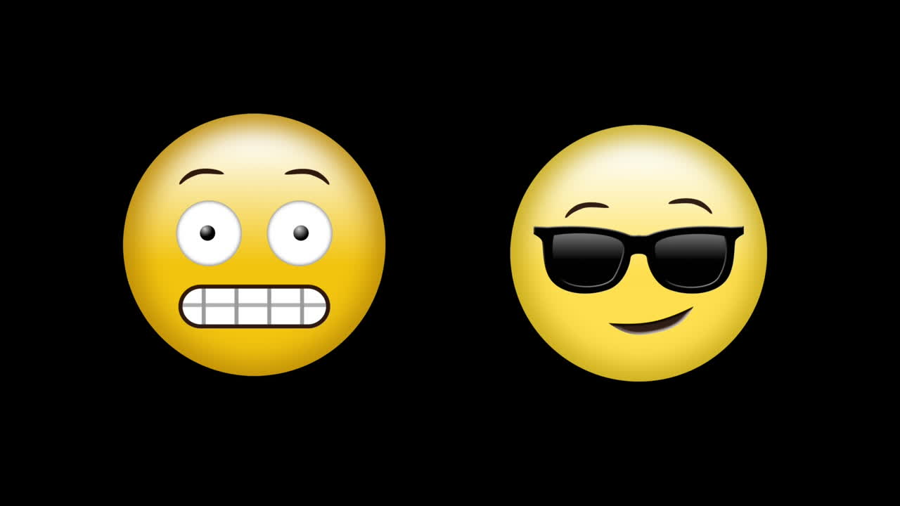 animación de gafas de sol felices y sorprendidos iconos de emoticones emoji en fondo negro