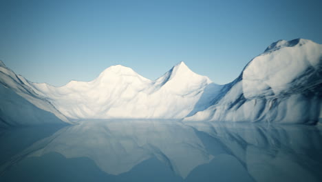 Snowy-mountain-landscape-with-the-frozen-lake-in-the-middle-of-high-mountains.-Computer-generated-mysterious-environment-with-clear-nature-elements.-A-flight-from-a-top-to-the-water-level-of-lake.-HD