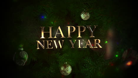 Happy-New-Year-text-with-colorful-balls-and-green-tree-branches