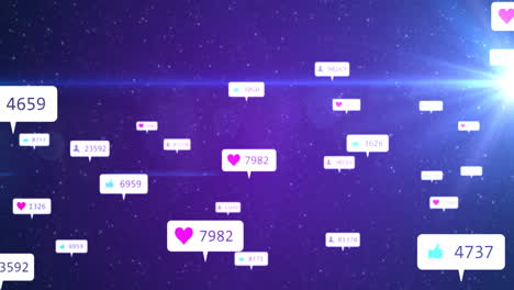 animation of social media icons and numbers on white banners over stars on purple sky