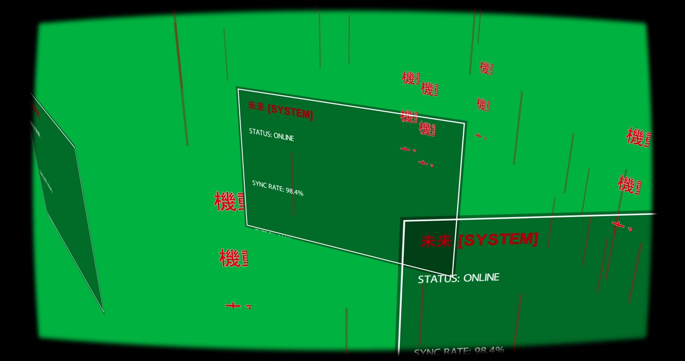 System panels rotating as red glitch bars appearing, showing ONLINE, SYNC 98
