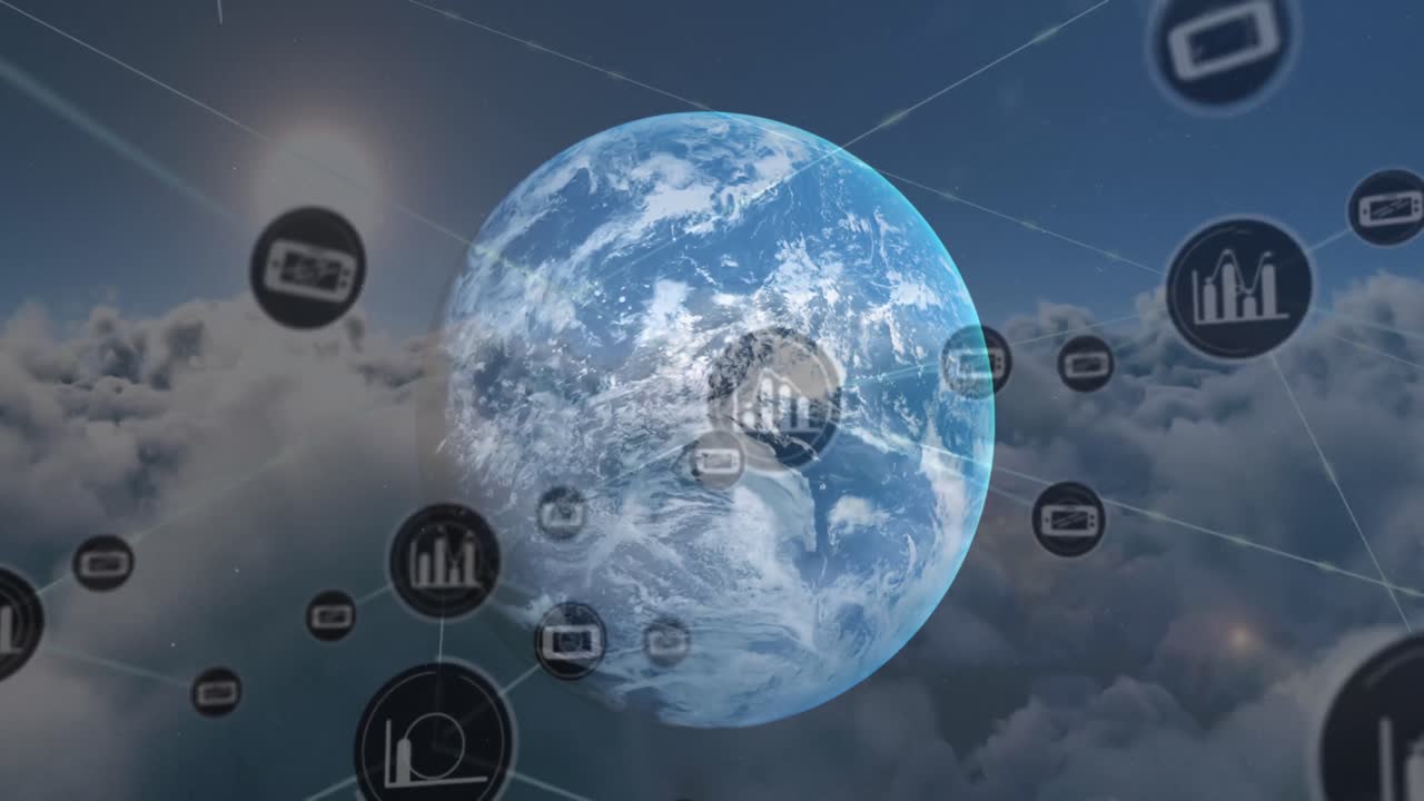 animación de gráficos e iconos de teléfonos conectados con líneas y globos que se mueven sobre el cielo nublado
