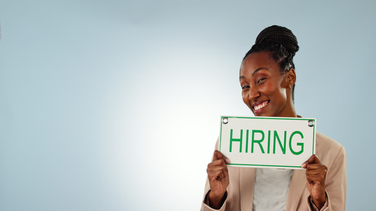 Black woman, hiring sign and pointing on mockup