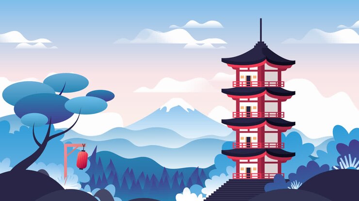 Japanese Pagoda Landscape Illustration