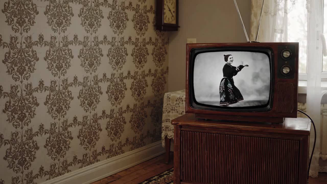 전통 의상을 입은 여성을 보여주는 빈티지 흑백 텔레비전