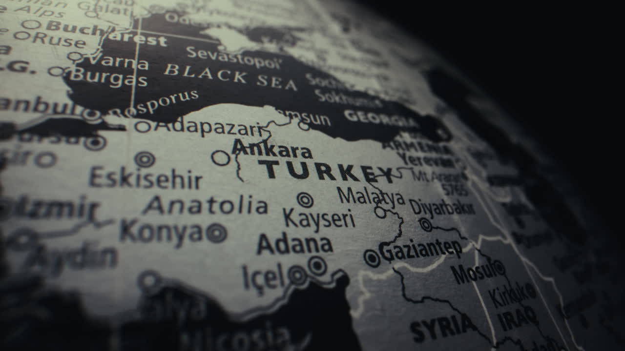 Close-up of a world map focusing on Turkey