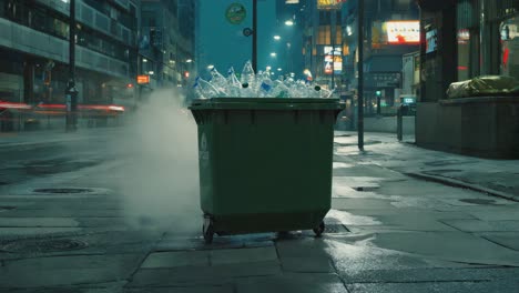 a dumpster filled with plastic bottles on a city street