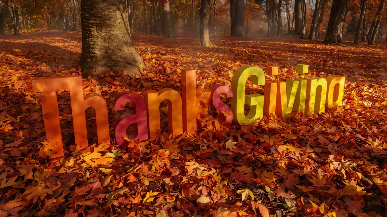 Panning cam revealing 3D ThanksGiving letters on leaf floor by tree, showing word in warm sunlight