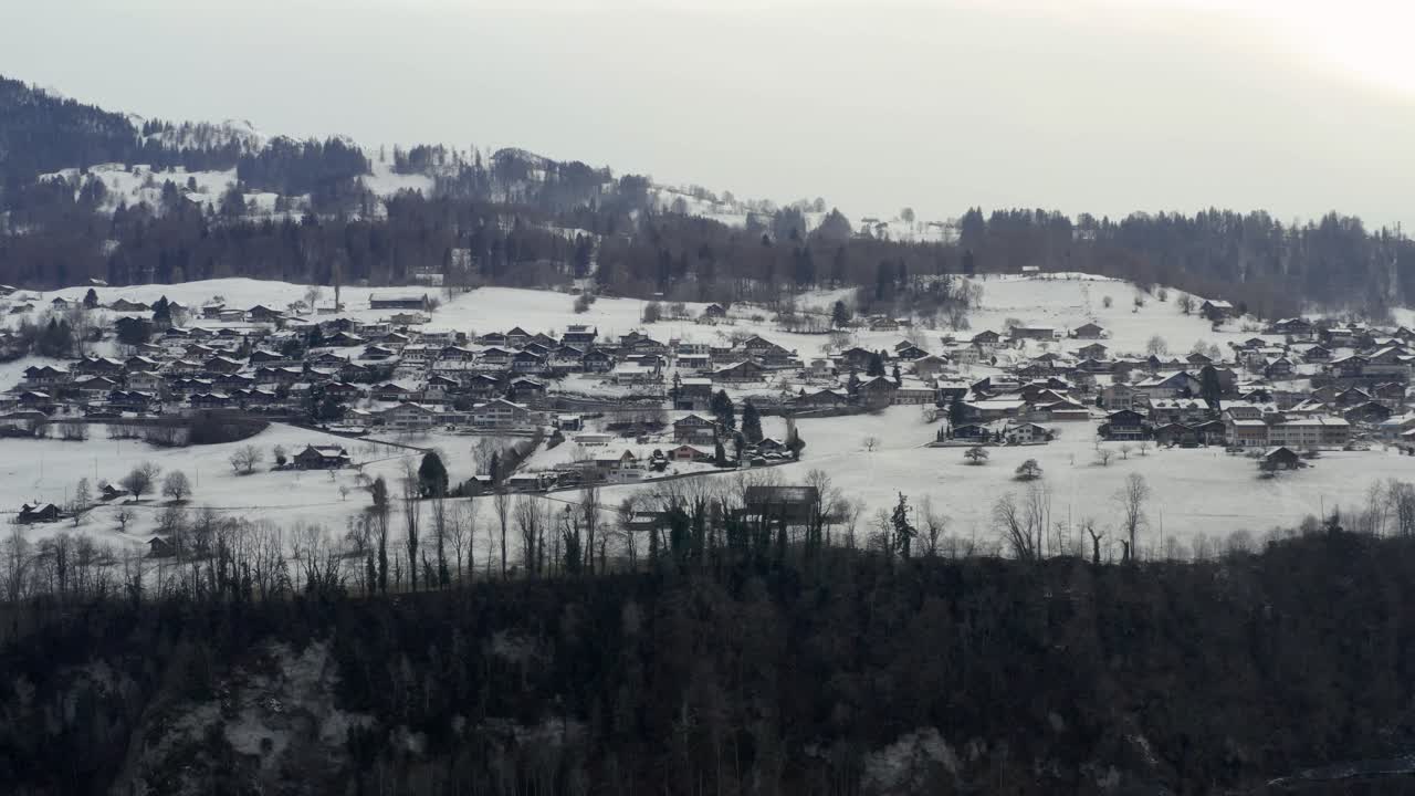 겨울에 호수 툰 thunersee의 무인 항공기 공중