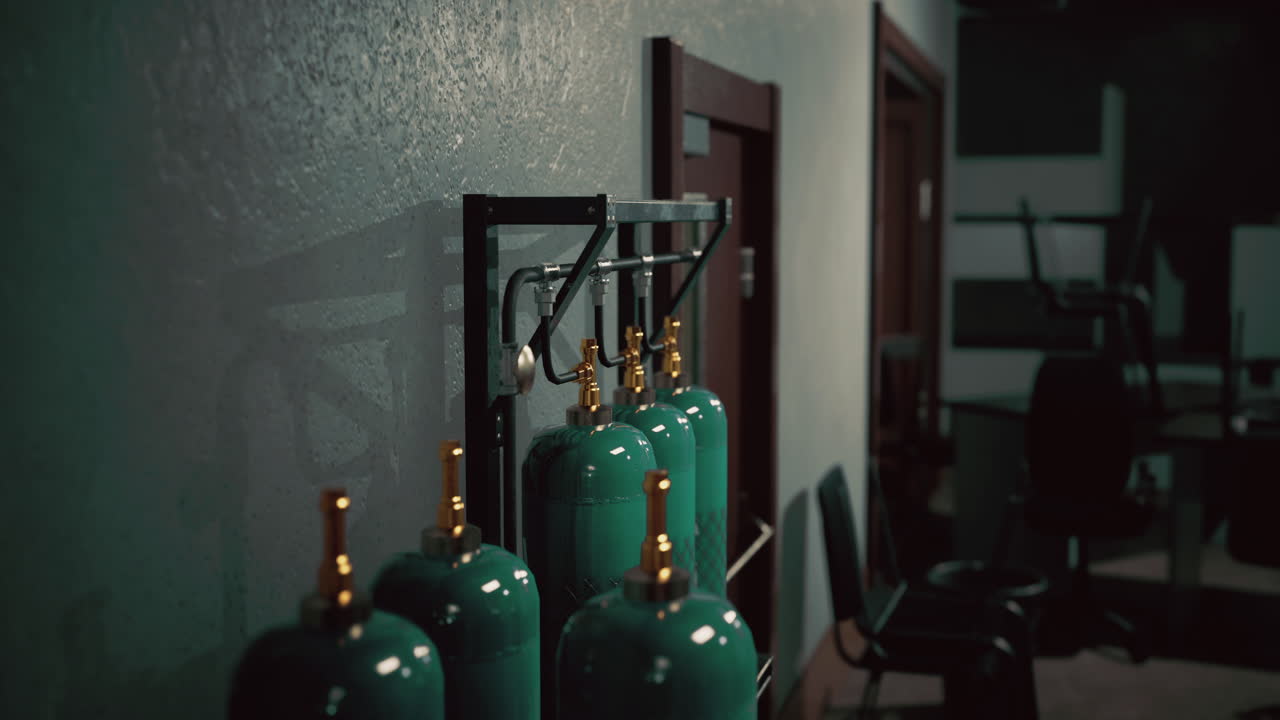 Spazio industriale con bombole di gas verdi su una parete ruvida
