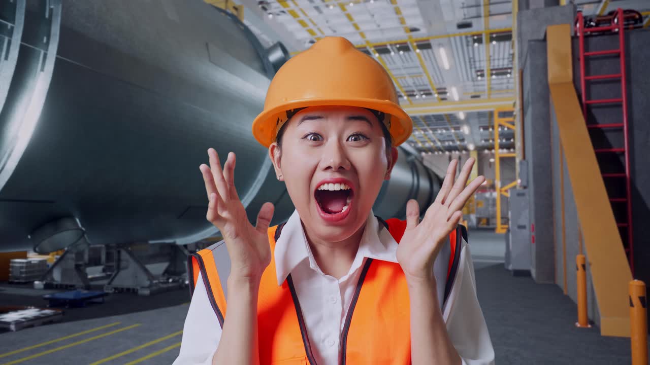 안전 헬을 입은 아시아 여성 엔지니어가 카메라에 미소 짓고 파이프 제조 공장에서 서서 와우라고 말합니다.