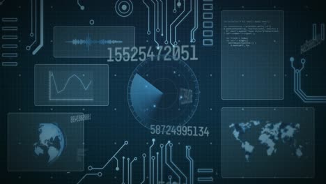 animation of multiple changing numbers, round scanner and microprocessor connections