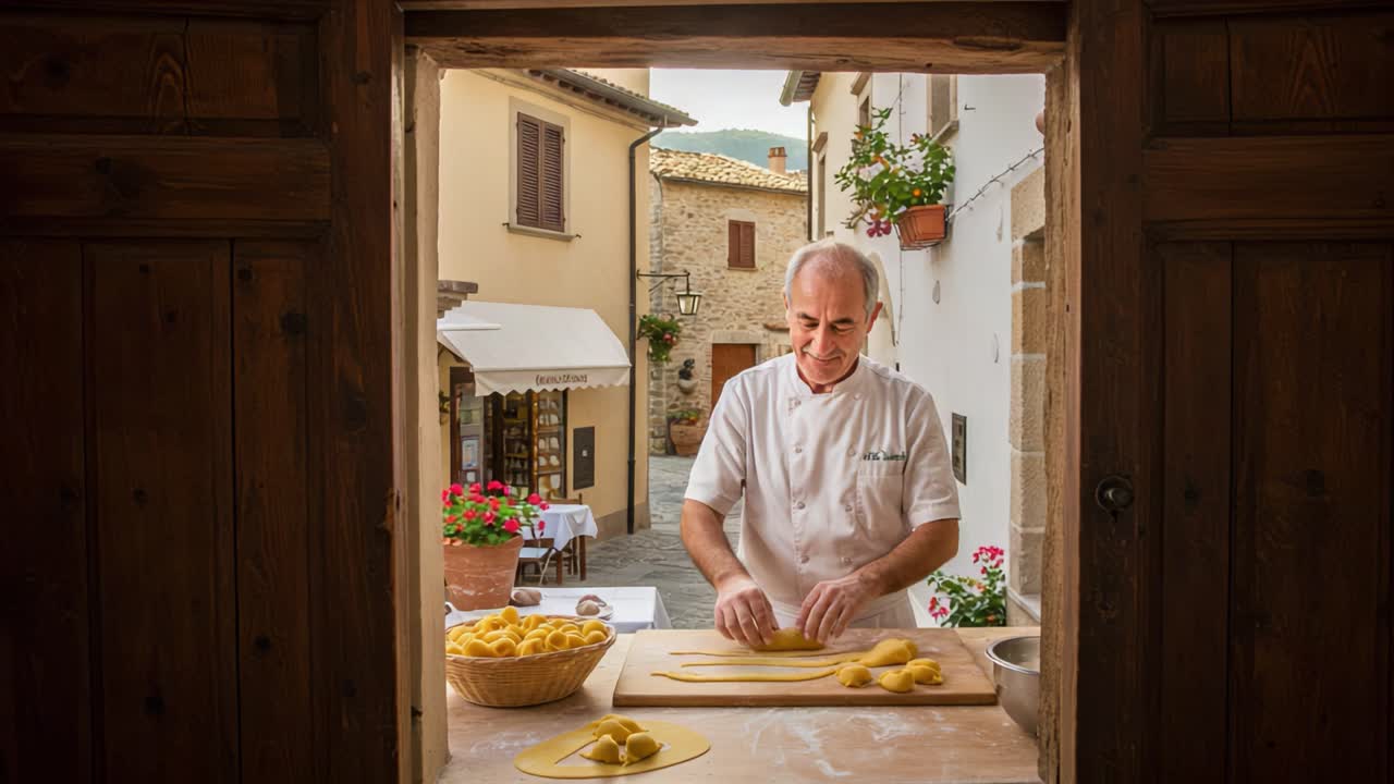 A Passionate Chef Prepares Fresh Pasta in a Picturesque Italian Village, Showcasing Culinary Artistry and Traditional Techniques Through an Open Window