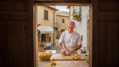 a passionate chef prepares fresh pasta in a picturesque italian village, showcasing culinary artistry and traditional techniques through an open window