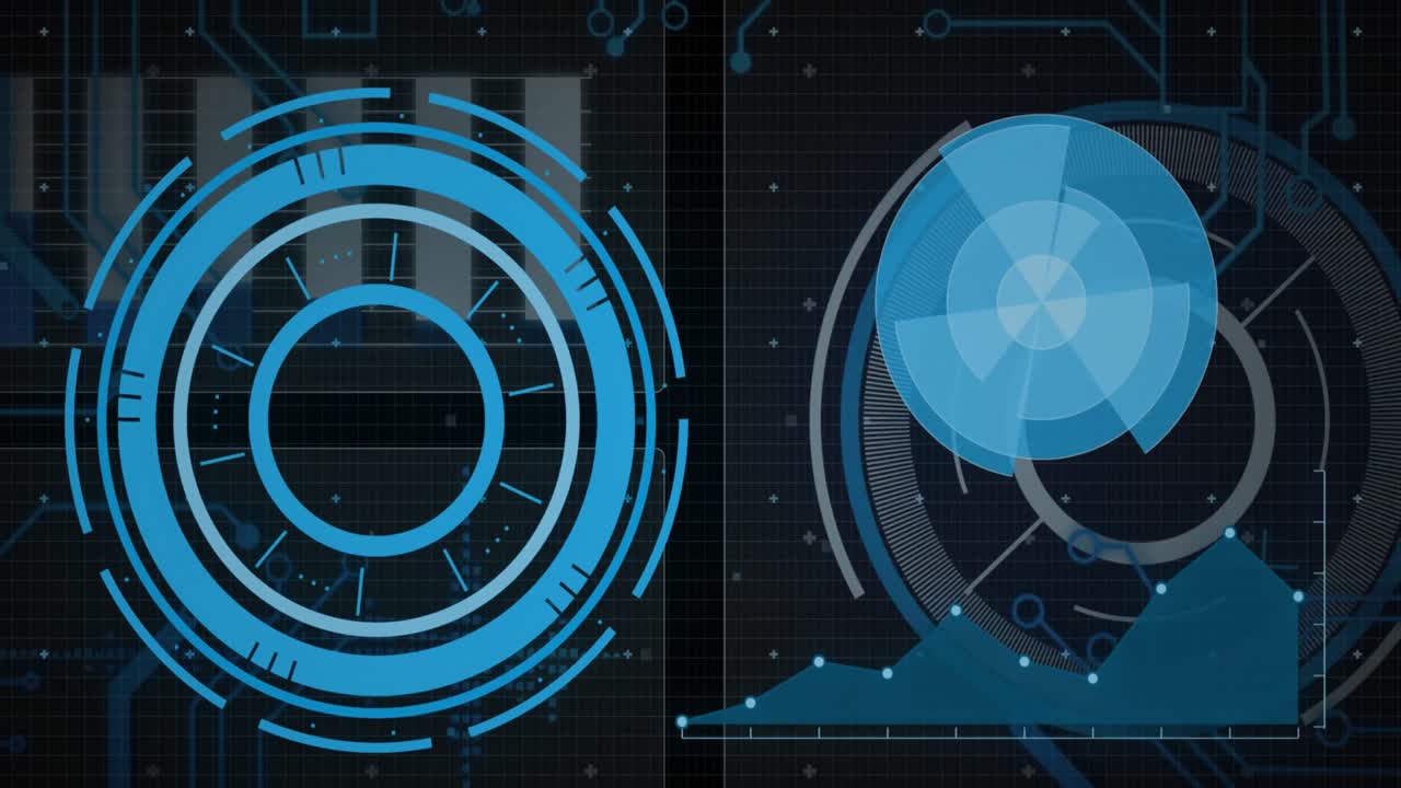 Animation of interface with round scanners and data processing against black background