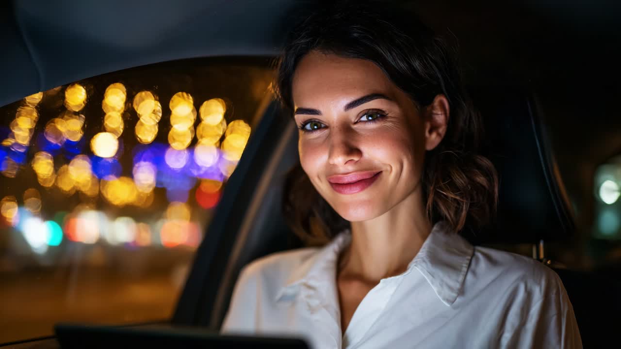 A smiling young woman enjoys a nighttime drive while looking at her tablet, illuminated by colorful bokeh lights in the background, embodying a scene of happiness and modern technology use