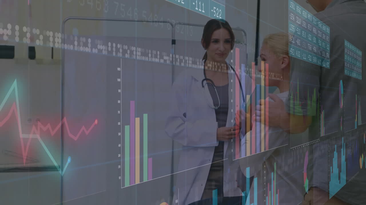 doctor, nurse and consultant collaborating in telemedicine analytics, displaying holographic charts