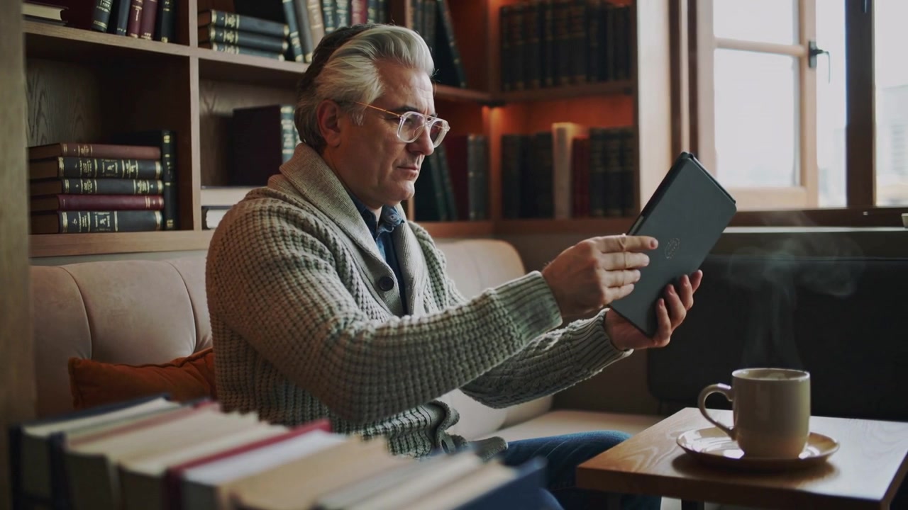 Noticing tablet, senior man reaching and pivoting device in cozy library, in knit cardigan to read