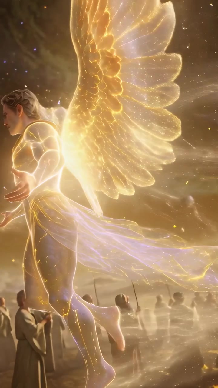 Vertical video: Rising angel core igniting opening wings over plain, responding to crowd, drapery