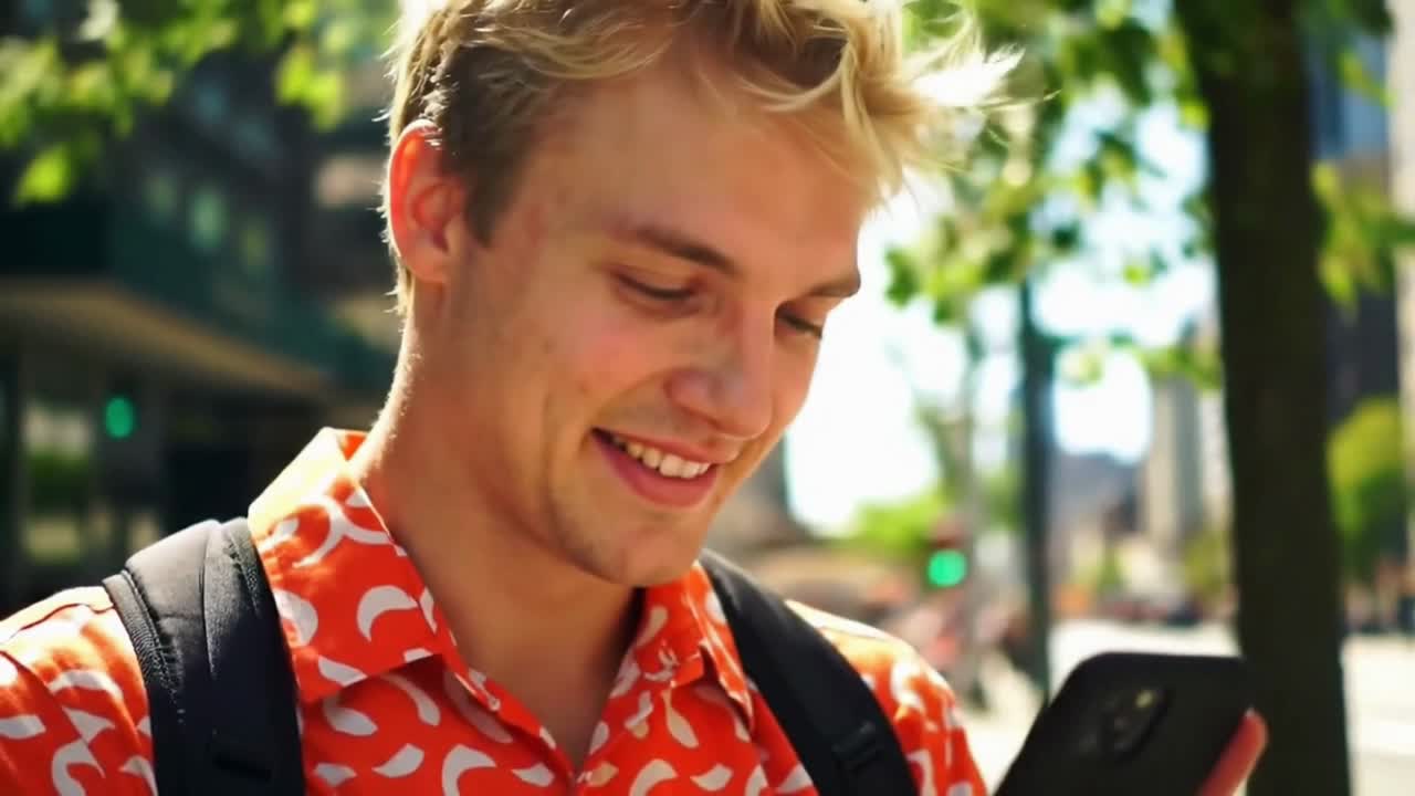 밖에서 스마트폰을 사용하는 젊은 남자