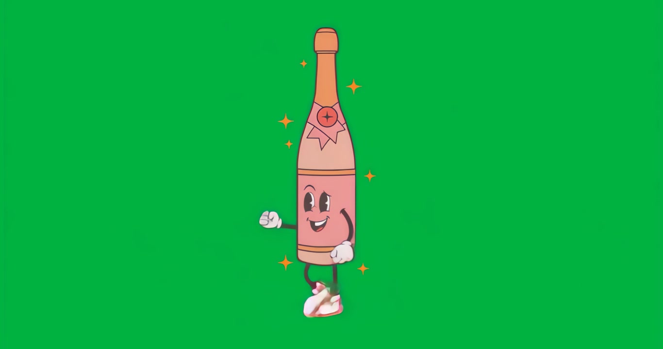 Bottiglia di champagne rosa animata che balla con scintille in loop su sfondo trasparente.