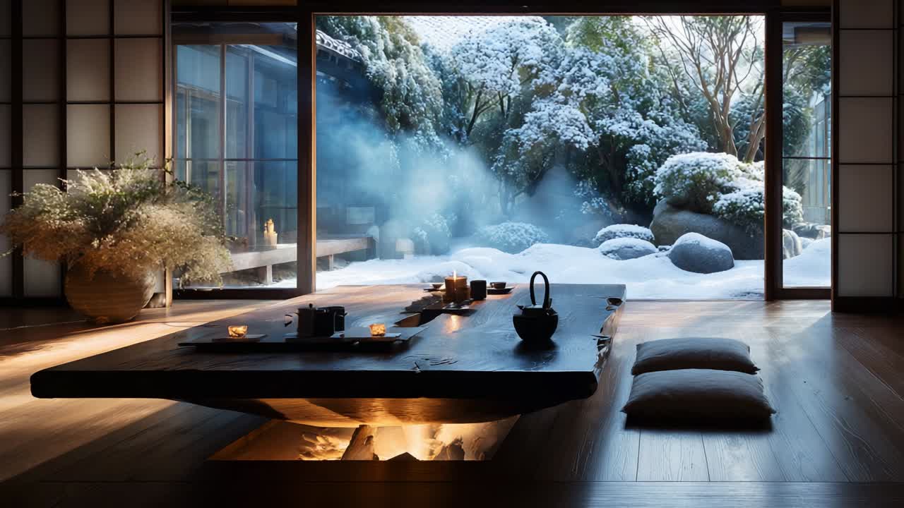 Serene Winter Sanctuary: An Inviting Japanese-Inspired Room with a View of a Snow-Covered Garden, Featuring a Low Wooden Table, Cozy Seating, and Tranquil Natural Elements for Relaxation and Reflection