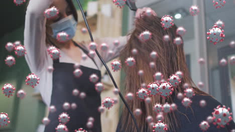 animación de células de coronavirus sobre una peluquera caucásica y una mujer con máscara facial