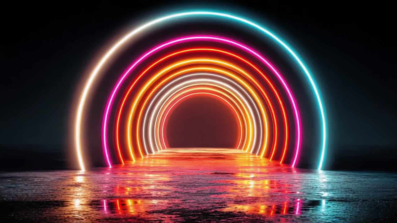A mesmerizing display of vibrant neon arcs illuminating a reflective surface, creating an enchanting scene that captivates viewers with its colorful radiance and depth