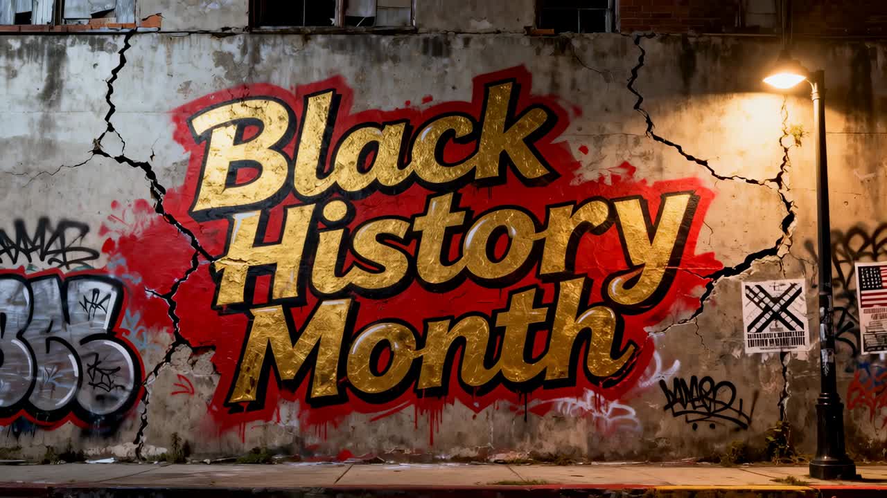 Zoom della camera che restringe l'inquadratura mentre la clip si avvia su un murale del Mese della storia dei neri, mostrando lampada e gocce
