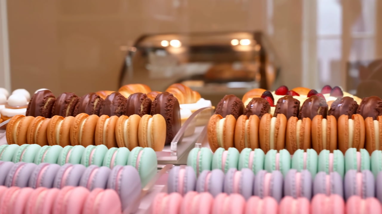 Pastel Macaron Rows In Bakery Display, Closeup Slow Pan Over Pink, Mint, Lavender Confections Chocolate