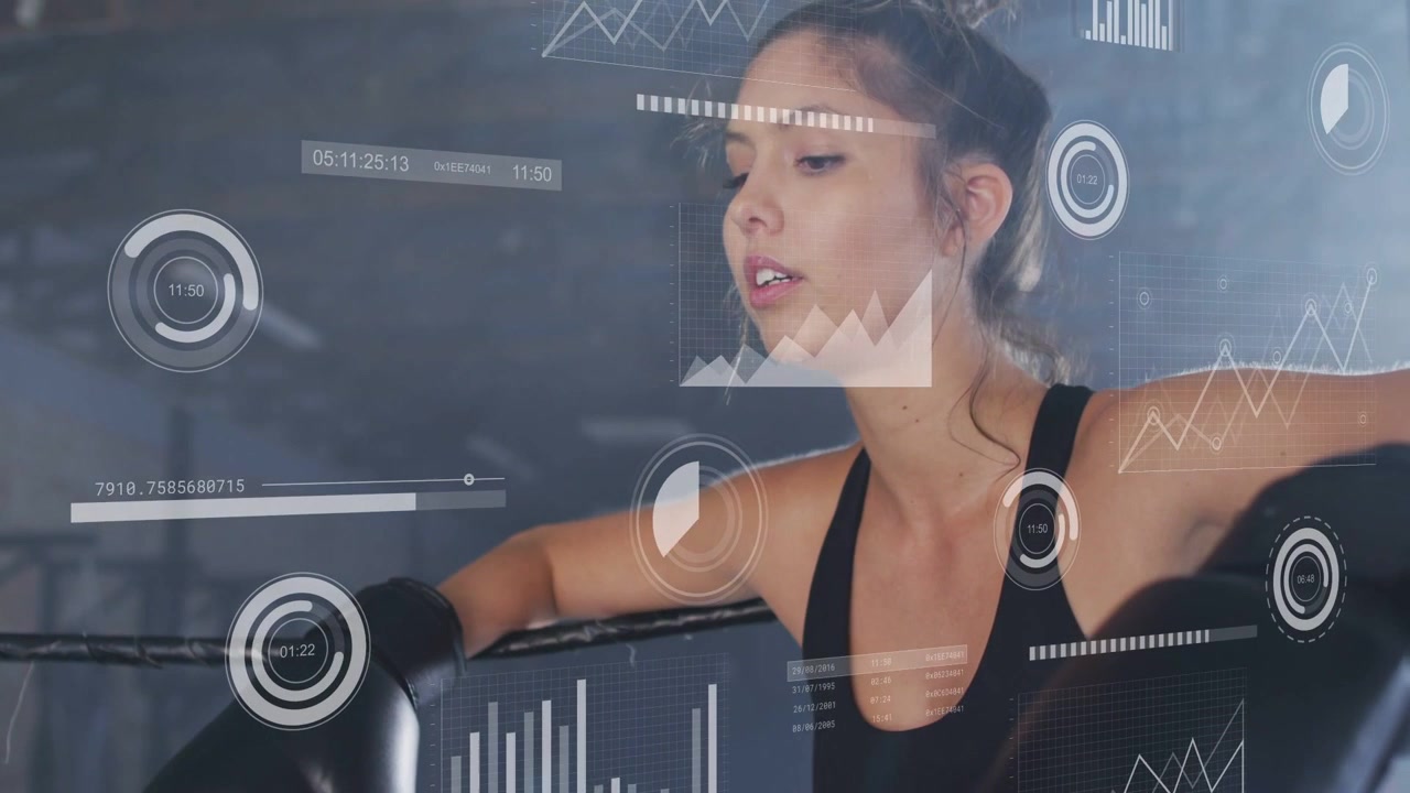 Female athlete leaning on boxing ropes after sparring, lifting chin with HUD dials tracking vitals