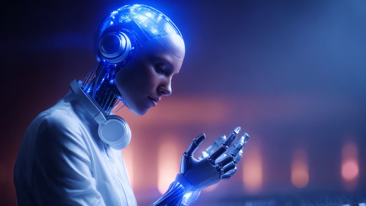 Robot futuristico con circuiti luminosi immerso nei suoi pensieri, che mostra tecnologia avanzata e intelligenza artificiale in un ambiente accattivante ed etereo