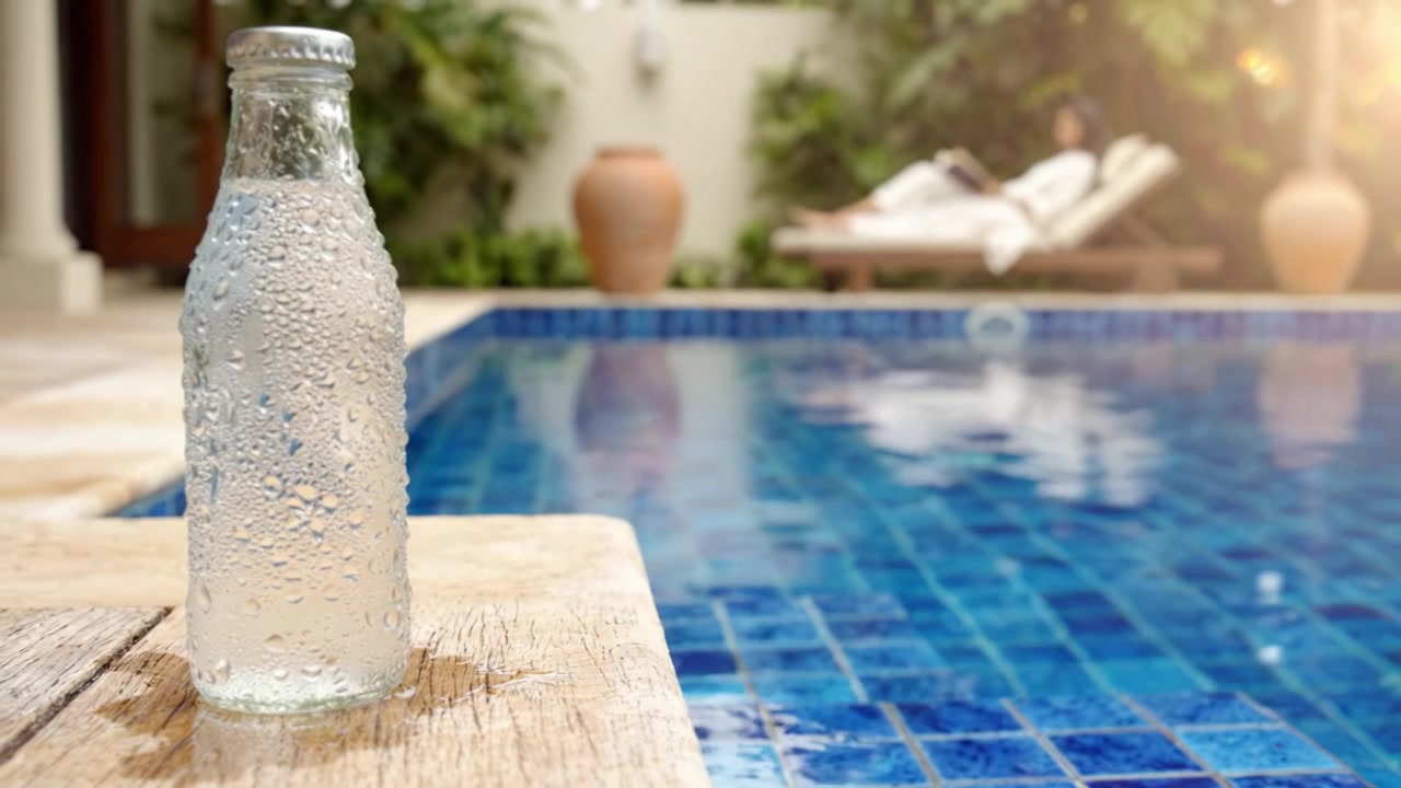 Refreshing Glass Bottle by Sparkling Poolside Oasis with Lush Greenery, Perfect for Quenching Thirst on a Relaxing Summer Day in Tranquil Setting