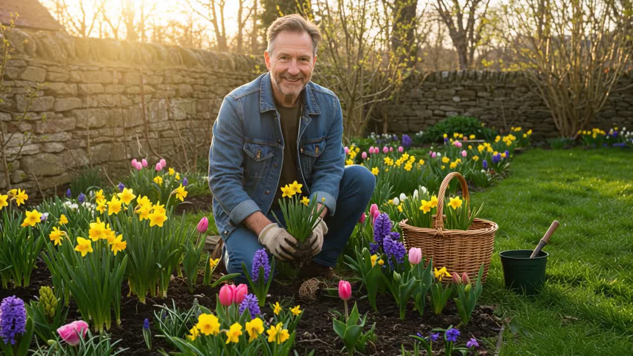A Gardener Smiles While Cultivating a Colorful Flower Bed with Daffodils, Tulips, and Hyacinths, in a Serene Outdoor Garden at Sunset